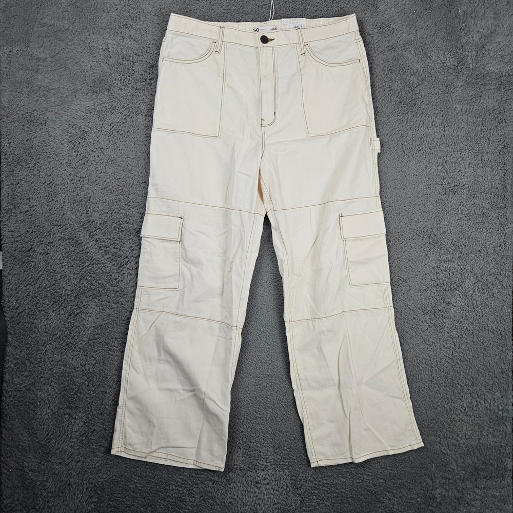 SO High Rise Cargo Wide Leg Pants Cream Contrast Stitch XL NWT